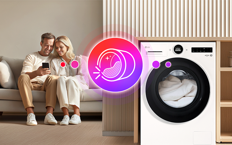 A couple controls their LG washing machine with the LG ThinQ app.